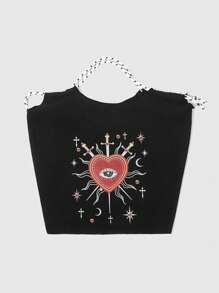ROMWE Goth 1pc Women's Tote Bag With Sun Cross, Teardrop, Heart And Eye Graphic - Black - View 3