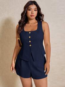 Elaquor 2 Peças Conjunto de Regata e Short em Cor Sólida Plus Size, Moda para o Verão