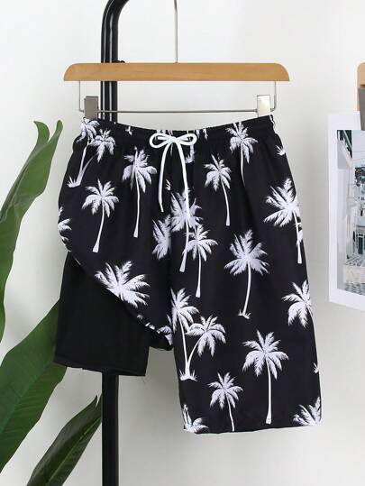 SHEIN Teen Boy's Printed Random Design Swim Trunks, Liner Swimming Suit Fabric, For Swimming & Surfing, Spring/Summer Swim Trunks Boys Swim Trunks With Compression Liner  Stretch Teen Swim Shorts