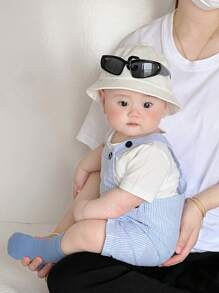 SHEIN Vintaside Kids 男婴条纹休闲时尚可爱连体裤 - 藍色 - 查看 7