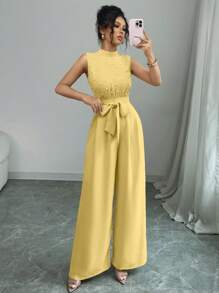 Elenzga Tuta elegante con collo alto, in vita stretta, con smanicato, decorata con perle, color albicocca, adatta come abbigliamento da donna per concerti, eventi eleganti, cerimonie, e per uso quotidiano e pendolarismo, comoda, con gamba ampia, adatta per le stagioni primavera, estate, autunno, inverno