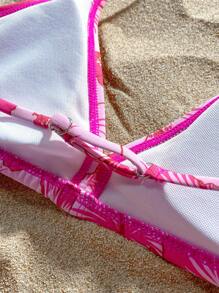 3pcs Teenage Girls Pink Floral Print Swimsuit Set, 2 Topsholiday,Summer,Travel,Getaway - Multicolor - View 4