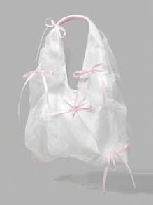 ROMWE Goth Flowy Bow Cute Y2K Streetwear Backpack - White - View 1