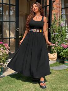 SHEIN EZwear Plus Size Black Maxi Dress: Sleeveless Scoop Neck Woven Fabric Dress With Crochet Detail For Summer  Black Women Dresses - Black - View 6