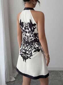 Elenzga Eleganter Neckholder-Romper mit Farbblockbesatz und Print für Damen, Sommer