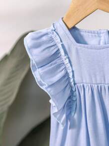 Baby Girls' Sweet Ruffled Square Collar Woven Blouse Top, Summer - Blue - View 5