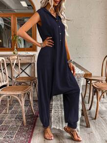 EMERY ROSE Women's Solid Color Sleeveless Jumpsuit, Fashionable For Summer - Navy Blue - View 4