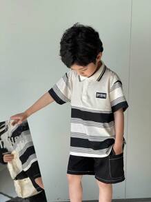 SHEIN 2pcs Set Young Boys Korean Style Sporty College Chic Cute Holiday Casual Versatile Stylish Striped Bear Decor Polo Shirts And Black Shorts - Black - View 7