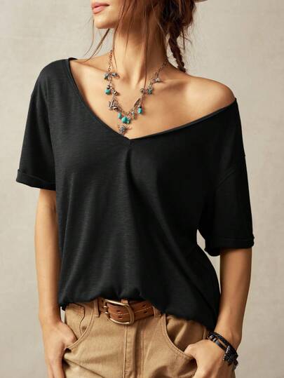 Bohemela Plus Size Casual Solid Color Short Sleeve T-Shirt, Summer V Neck Tshirts Women Off Shoulder T Shirt V Neck Tops Off Shoulder Tee Casual Tops Women Summer,Holiday Outfits For Women