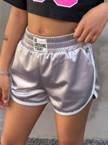 SHEIN Tween Girls Spring/Summer Letter Patched Detail Contrast Binding Metallic Track Shorts - Silver - View 1