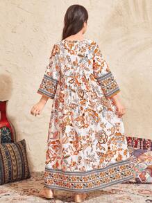 SHEIN Leap Crew Tween Girls Casual Vacation Vintage Ditsy Floral Patchwork Print V-Neck Ruched Loose Dress With 3/4 Sleeves - Rust Brown - View 2