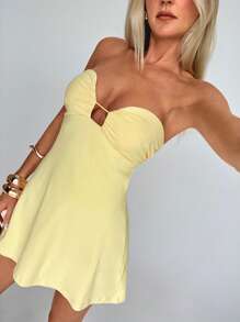 Aloruh Đầm Cami Mini hở lưng gợi cảm màu trơn - Màu vàng - Xem 1