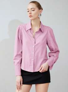 SHEIN Privé Solid Button Front Shirt Button Up Shirt Women  Fall Cloth For Women - Pink - View 4