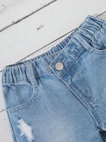 Young Girl' Casual Comfortable Y2K Asymmetrical Waist Distressed Raw Hem Short Jeans, Versatile All-Match Style Suitable For Daily Commute & Street Style, Spring/Summer 2025 New Arrival