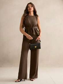 SHEIN Tall Women's Summer Elegant Dark Brown Office Two Pieces Set,Business Casual Solid Asymmetric Hem Vest Suit Pants,Old Money Style Fairy Teacher Outfit, Tall Women - Brown - View 4