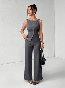 SHEIN PETITE Damen Set aus einfarbiger Rundhals-Weste und Hose, eleganter Pendler-Anzug, Sommer Herbst Damen Kleidung, Büromode, Business Lässig Damen Zweiteiler, Damen Blazer Set, Business Lässig für Frauen