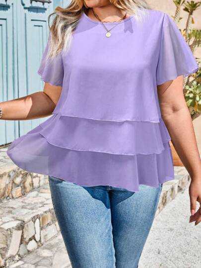 SHEIN LUNE Plus Size Flory Ruffle Hem Women Short Sleeve Blouse, Elegant For Work Commute Summer For Women St Patrick Day Easter Summer Spring For Women Beach Saint Patrick Easter Lounge Sets For Women