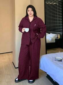 Dazy Plus Plus Size Plaid Loose Pajamas Set, Shirt & Pants, All Season Home Wear, Cozy Outfits, Fall Winter Clothes - Coral Pink - View 3