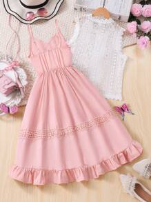 SHEIN 2 Pieces Tween Girl Set,White Lace Jacket Top With Pink And White Striped,Sleeveless Dress,Dyed Lace & Ruffle Hem,Elegant Summer Party Casual Wear - Pink - View 2