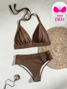 Swim DD+ 2pcs Halter Tie Strap Triangle Bikini Set, Sexy & Minimalist Swimsuit For Summer Beach Vacation - Coffee Brown - View 6