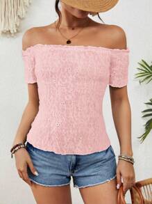 SHEIN VCAY Vacation Casual Textured Off Shoulder Exposed Shoulder Fitted Short Sleeve T-Shirt Off The Shoulder Top - Pink - View 2