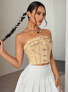 SHEIN ICON Front Open Denim Cropped Tank Top, Fashionable For Summer - Khaki - View 3