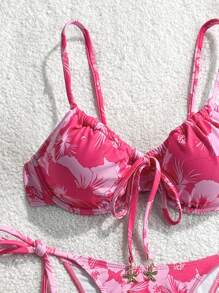 Swim Mod 2pcs/Set Multiple Color Spaghetti Strap Underwire Knotted Front Top And Knot Side Swim Bottoms, Adorable Women Summer Beach Bikini Set - Multicolor - View 4