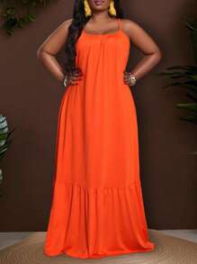 Slaydiva Plus Size Women Western Wear 2025 New Rave Easter Outfit Old Money Style Country Concert Going Out Festival Tropical Vacation Summer Casual Simple All-Match Sexy Camisole Plus Size A-Line Dress - Orange - View 3