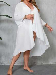 Swim Lushoire Cubre pareo tipo kimono para mujer talla grande de color negro liso, suelto y liviano, funda de baño con manga larga y larga