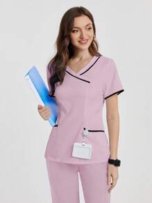 SHEIN TaskFit 女士 V 领口袋短袖医疗手术服上衣 - 粉色 - 查看 5