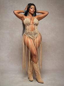 Slaydiva Plus Size Women Beach Vacation Spaghetti Strap Tassel Tank Top & Hollow Out Tassel Shorts Set, Perfect For Sexy Party, Holiday - Khaki - View 2