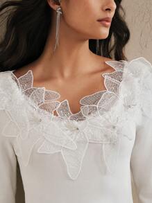 Anewsta Elegante maglietta romantica decorata con perle, pizzo e fiori 3D, adatta per grafiche autunnali/invernali, per donna