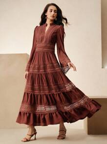 Anewsta 纯色蕾丝拼接优雅女装，适合春季、节日、休闲、度假、节日 - 鏽棕色 - 查看 4