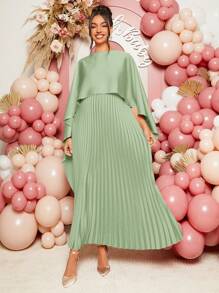 Loomaby 孕妇纯色优雅褶皱披肩领连衣裙孕妇装 - 薄荷綠 - 查看 6