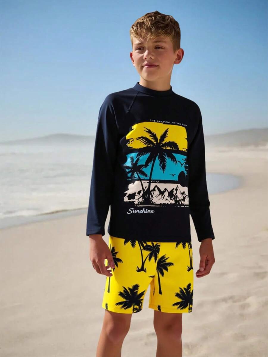 SHEIN Tween Boy Summer Vacation Coconut Tree Printed Swimsuit Set (Top And Bottoms) Boys Beach Outfits Boy Beach Outfits Beach Outfit For Boys Beach Outfits For Boys Boys Outfit Sets Vacation - Multicolor - View 1