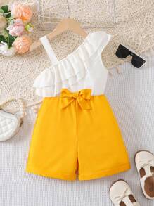 New Fashion Party & Festival Asymmetrical Neck Ruffle Trim Jumpsuit For Young Girl, Sleeveless Wide Leg High Waist Playsuit