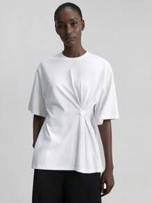 Ontre 2025 New Style Women Short Sleeve T-Shirt, Slit Design, Waist Ruched, Shell Button Decor, Casual Everyday Wear, White