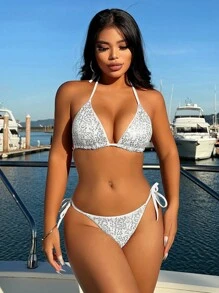 Swim Vcay 3 件套夏季女士海滩装：亮片三角形比基尼上衣、高腰系带三角裤和纯色网眼纱笼