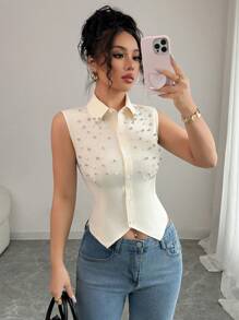 Elenzga Women's Solid Color Single Button Sleeveless Beaded Waist Shirt - Apricot - View 7