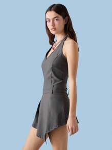 COUREZ Halter Neck Asymmetric Dress Y2K Vintage - Coffee - View 2