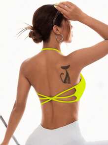 Easithlete Women Neon Green Crisscross Back Daily Fitness Sports Bra - Yellow - View 7