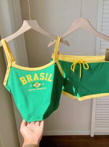 Comfortcana Conjunto de top corto y pantalón corto de ajuste delgado con impresión de letras en colores de la bandera de Brasil para verano