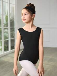 SHEIN Tween Girls Black Minimalist Jumpsuit Splice Mesh Slim Fit School Professional Training Ballet Gymnastics Dance Studio Dance Jumpsuit, All Season - Black - View 3