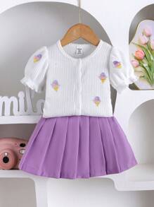 SHEIN Baby Girl Summer New Cute Grape Puff Sleeve Top + Solid Color JK Pleated Skirt Set - White - View 3