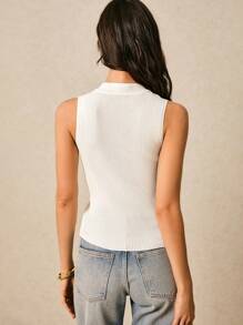 Poéselle White Knit Top, New Chinese,Plain Color Stand Collar Button-Up Sleeveless Knit Top, Chinese Style Swimming Suit - White - View 5