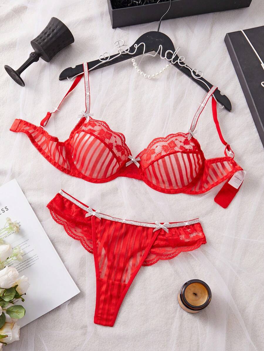 SHEIN 2pcs Striped Lace Trim Lingerie Set - Red - View 1
