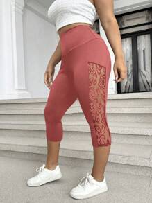 Calvaya Lace Patchwork Tight Leggings, Solid Color Fashion, Suitable For Summer - Dusty Pink - View 3
