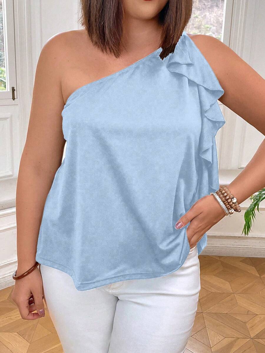 SHEIN Clasi Plus Size Women Sleeveless Solid Color Asymmetric Shoulder Ruffle Collar Casual Top - Baby Blue - View 1