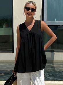 Livesso Solid Color V-Neck Sleeveless Loose Casual Summer Tank Top For Women Babydoll Top