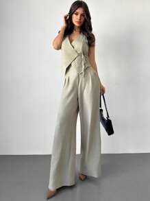 SHEIN PETITE CURVE Festival New Linen Solid Color Wrap Tie Waist Vest & High Waist Pleated Wide Leg Pants 2 Pieces Suit Set, Simple Elegant Commuter Outfit, Spring/Summer